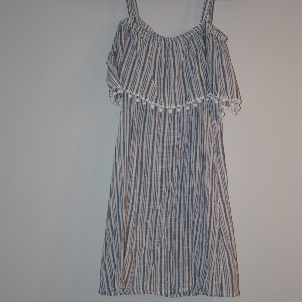 🥳Host Pick🥳 White & Blue stripe Pom trim dress - Picture 3 of 7